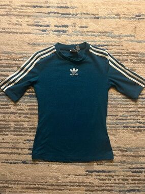 Adidas Originals Sparkly Teal Short-Sleeve Trefoil Tee with White Stripes